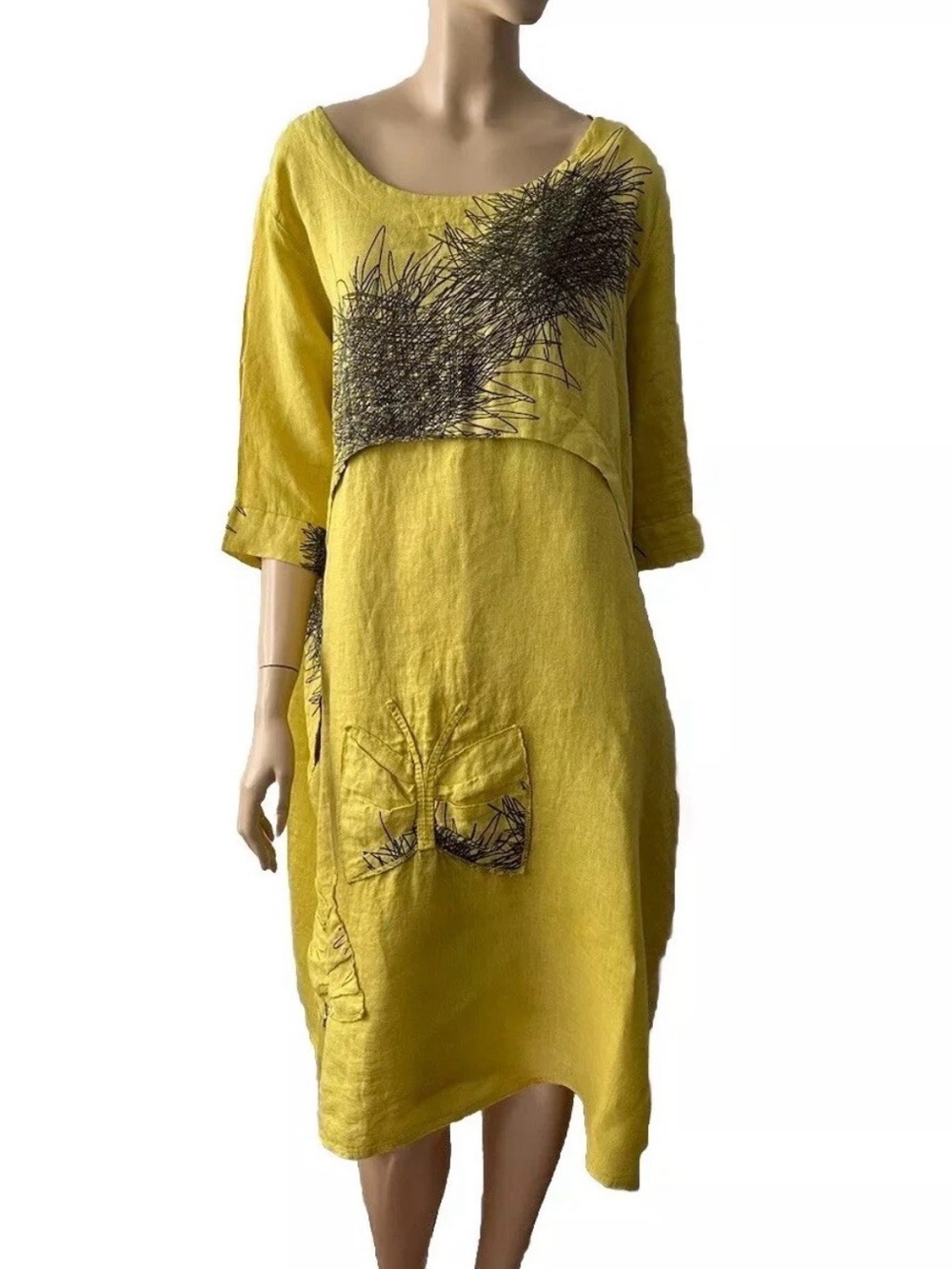 Bright Yellow Embroidered Linen Midi Dress